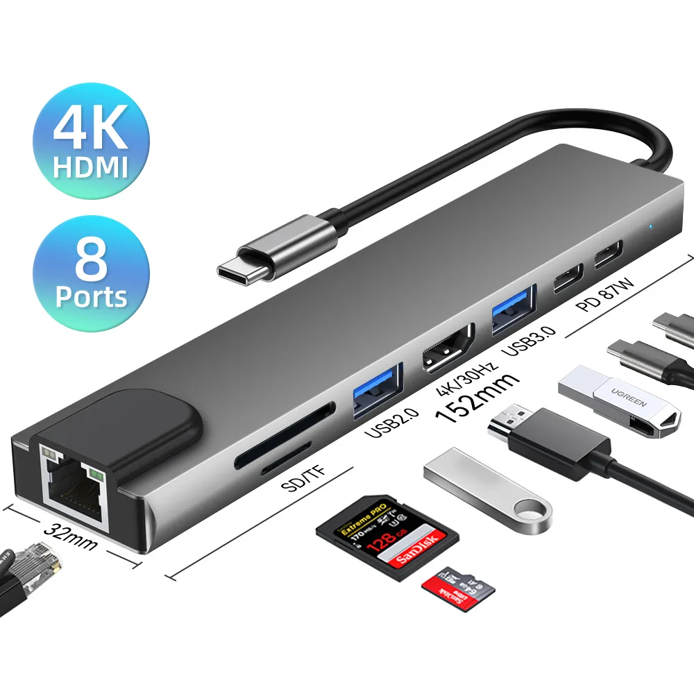 Hub USB 3.0 8 en 1 pour Macbook Lenovo, adaptateur pour ordinateur portable, PC PD Charge, Station d'accueil à 8 Ports RJ45 HDMI-4K TF/SD, carte type-c divisée