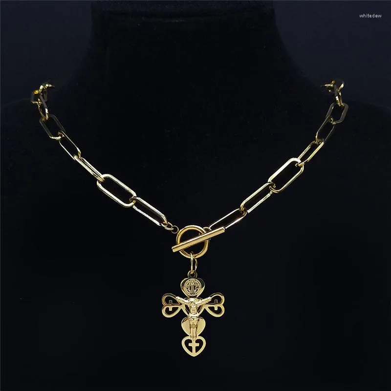 Collane con ciondolo Acciaio inossidabile Cuore Croce Gesù Collana girocollo Colore oro Preghiera Regalo Gioielli Collier Acier Inoxydable N6012S07