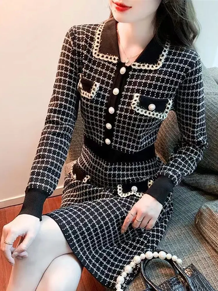 Robes décontractées basiques 2024 une ligne nouvelle automne robes pull femmes coréennes Vintage tricoté a-ligne robes mode mince Plaid série fête tenue décontractée