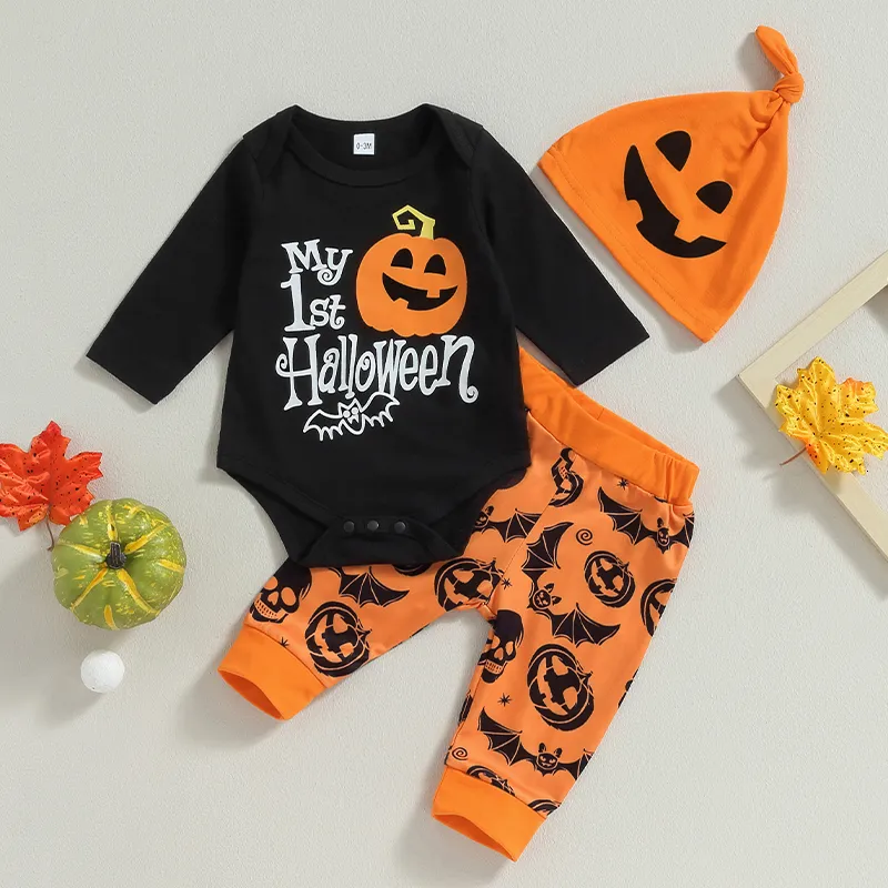 Комплекты одежды ma baby 018M, одежда на Хэллоуин для маленьких мальчиков и девочек, комбинезон с длинными рукавами и принтом тыквы, штаны, шляпа, костюмы, D05 230923