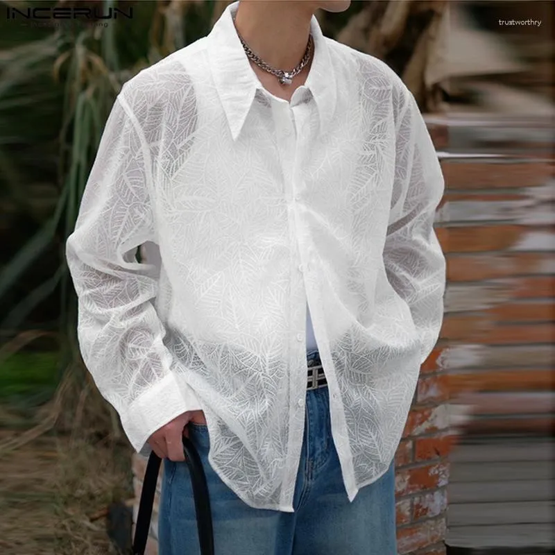 Chemises décontractées pour hommes Incerun Tops 2023 Style coréen Feuille imprimé motif de dentelle Streetwear mâle à manches longues Blouse S-5XL