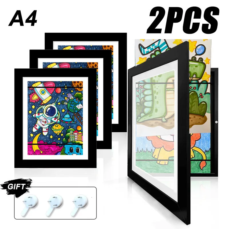 Quadros 2 PCS Kids Art Frame Set A4 Tamanho De Madeira Substituível Po Display Artwork Organizador Home Office Pintura 230923