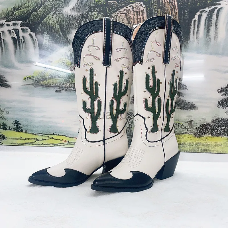 Designer Boots Women Cactus Embroidered Western Cowboy Boots Thick Heels New Winter High Quality Womens Shoes 230924