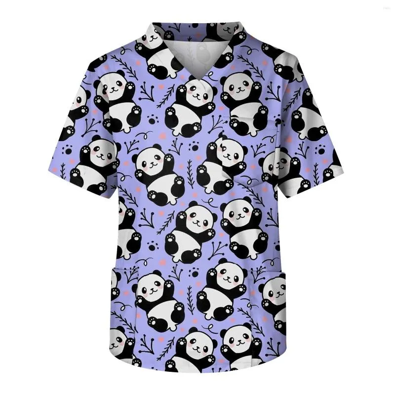 Herren T-Shirts Niedlicher Panda-Druck Uniform Damen Scrubs Tops Kurzarm Arbeitsbluse Sommer Cartoon Pullover mit Tasche