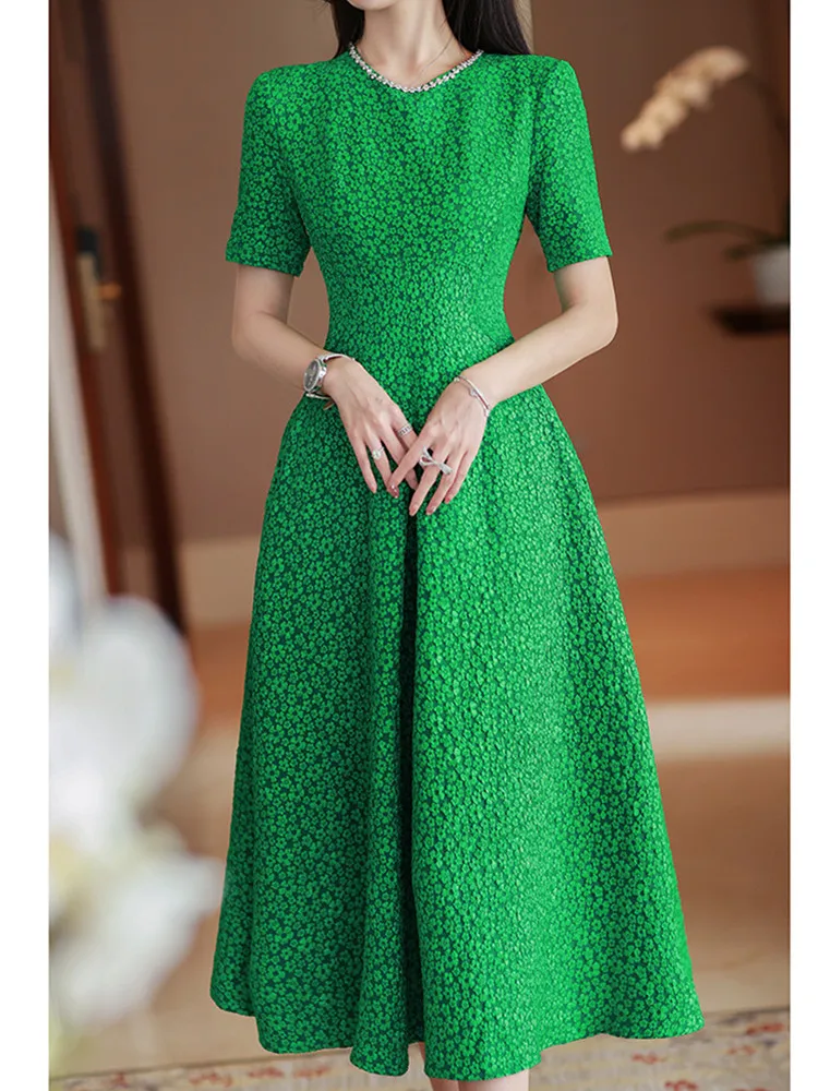 Grundläggande avslappnade klänningar 2024 En linje ny modeblomma jacquard vintage elegant midi festklänningar kvinnors korta ärm diamant o-hals sommarklänning vestidos