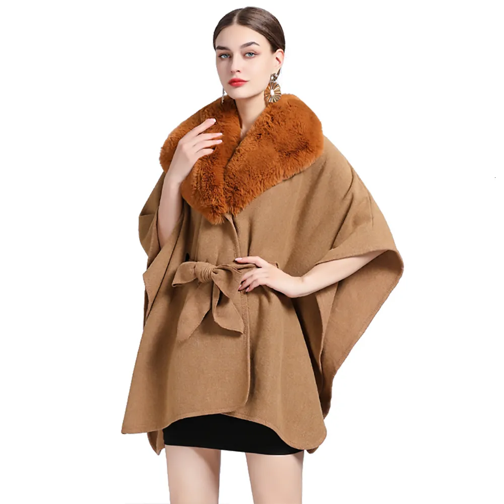 Kadınlar Cape Kadın Kaşmir Hisset Leydi Rex Tavşan Sahte Kürk Yaka Sargısı Kemer Sonbahar Kış Kış Vintage Pelerin Lüks Sıcak Palto 230923