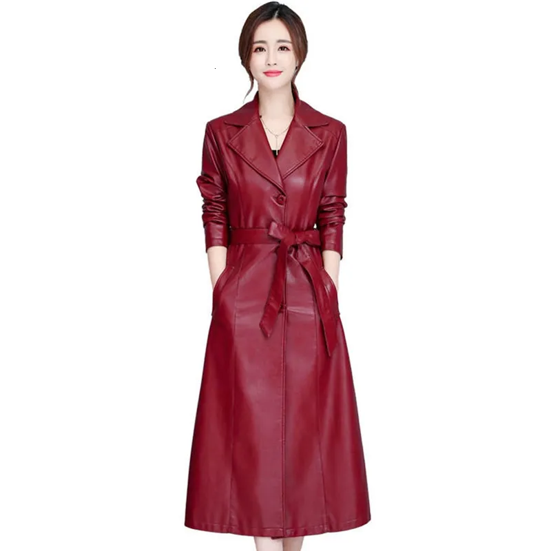 Kvinnor läder faux höst vinter äkta jacka kvinnor förlorar lång fårskinn rock famale klädbälte smal koreanska mode toppar 230923