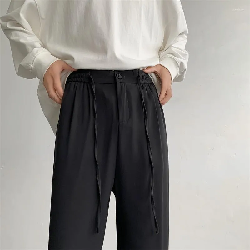 Mens Grey & Black Suit Pants: Korean Style Wide Leg Trousers