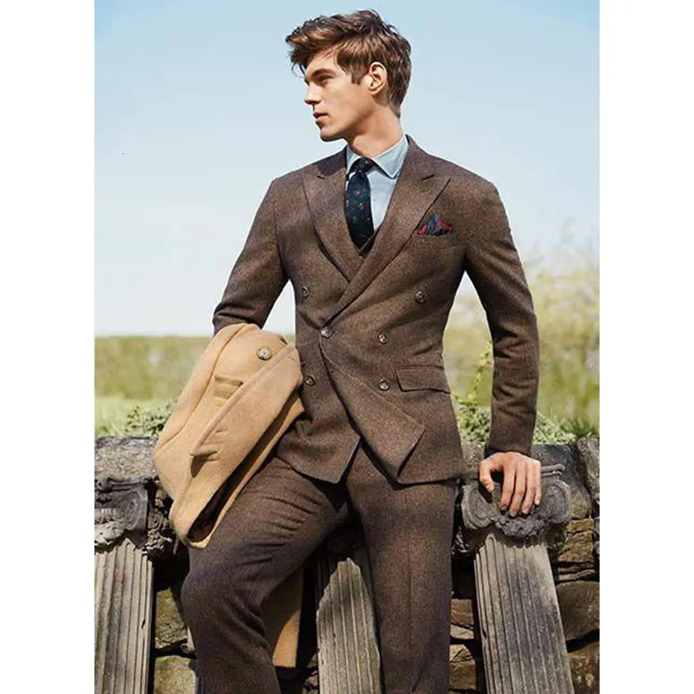 Men's Suits Blazers Elegant Suit Jacket Pants Slim Casual Fashion Design Wool Tweed Doublebreasted Full Set 230923