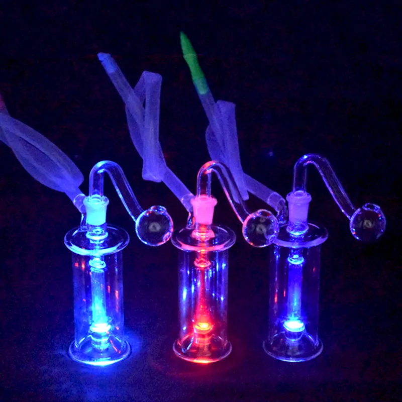 Atacado LED luz iridescente queimador de óleo de vidro bong cachimbo de água cachimbos de água inline matriz perc reciclador de cinzas bong com tubo de queimador de óleo de vidro masculino de 10mm