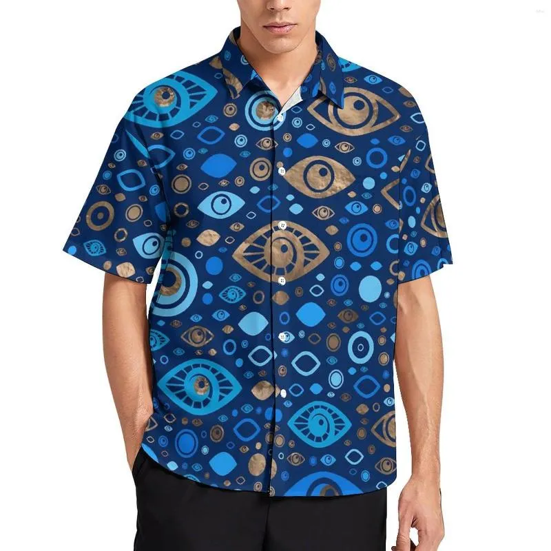 Camisas casuais masculinas Grego mau olho azul e camisa de praia dourada havaiana y2k blusas homens impressos tamanho grande
