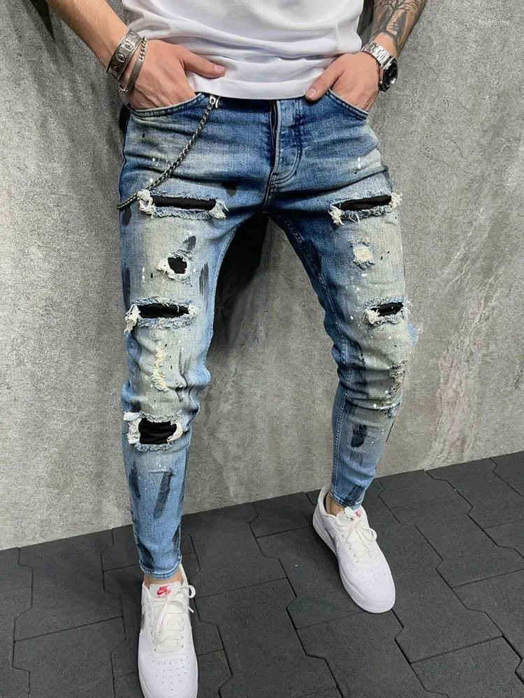 Men's Jeans Mens Skinny Ripped Designer Splice Cowboy Pants High Quality Vintage Blue Hip Hop Streetwear Mans Denim Trousers