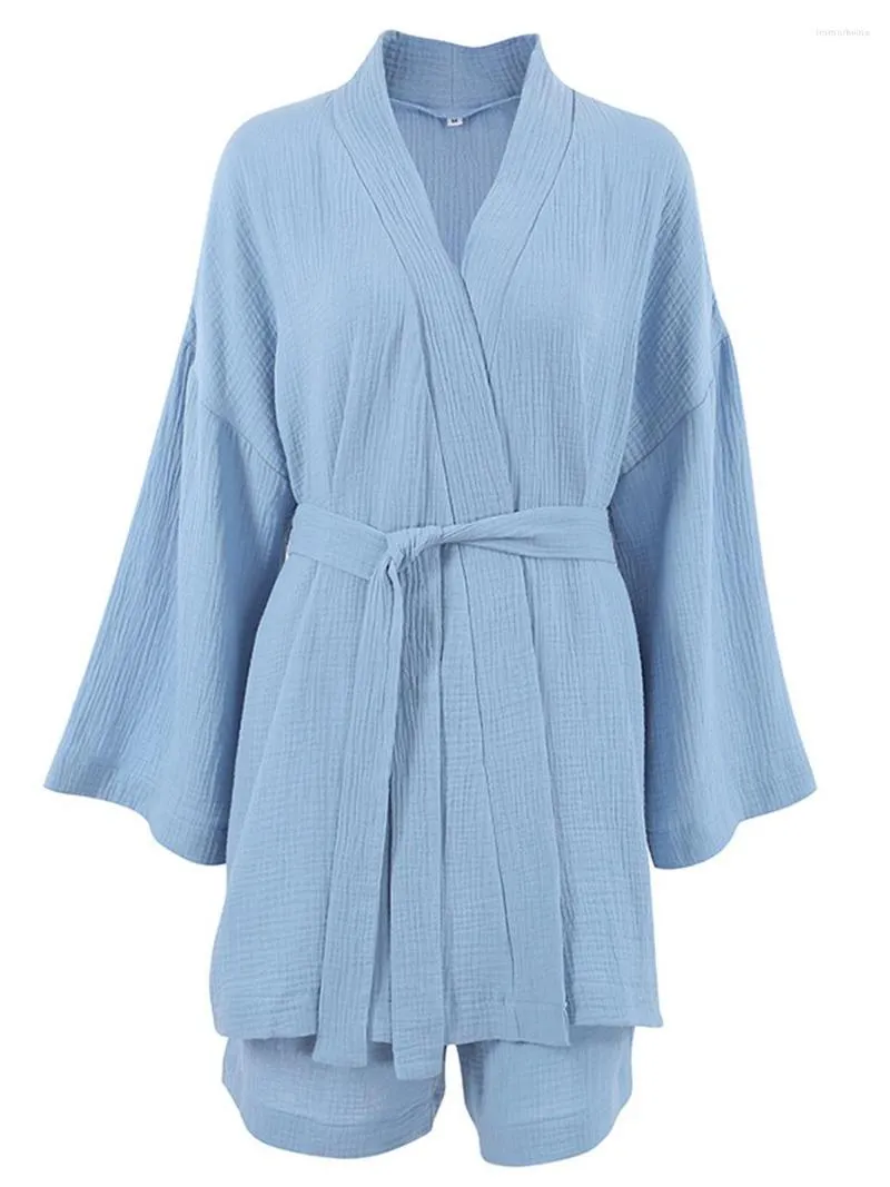 Ensemble pyjama à manches 3 et 4 pour femme avec short et ceinture assortis - Vêtements de détente confortables pour la détente du sommeil