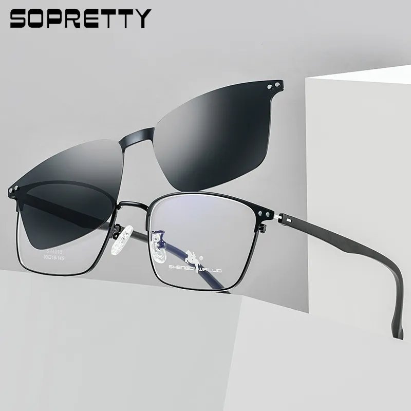 Fashion Sunglasses Frames Men's Business Myopia Glasses Frames Integrated Clips Polarized TAC Sunglasses Magnetic Clip Square Spectacle Eyewear F94015 230923