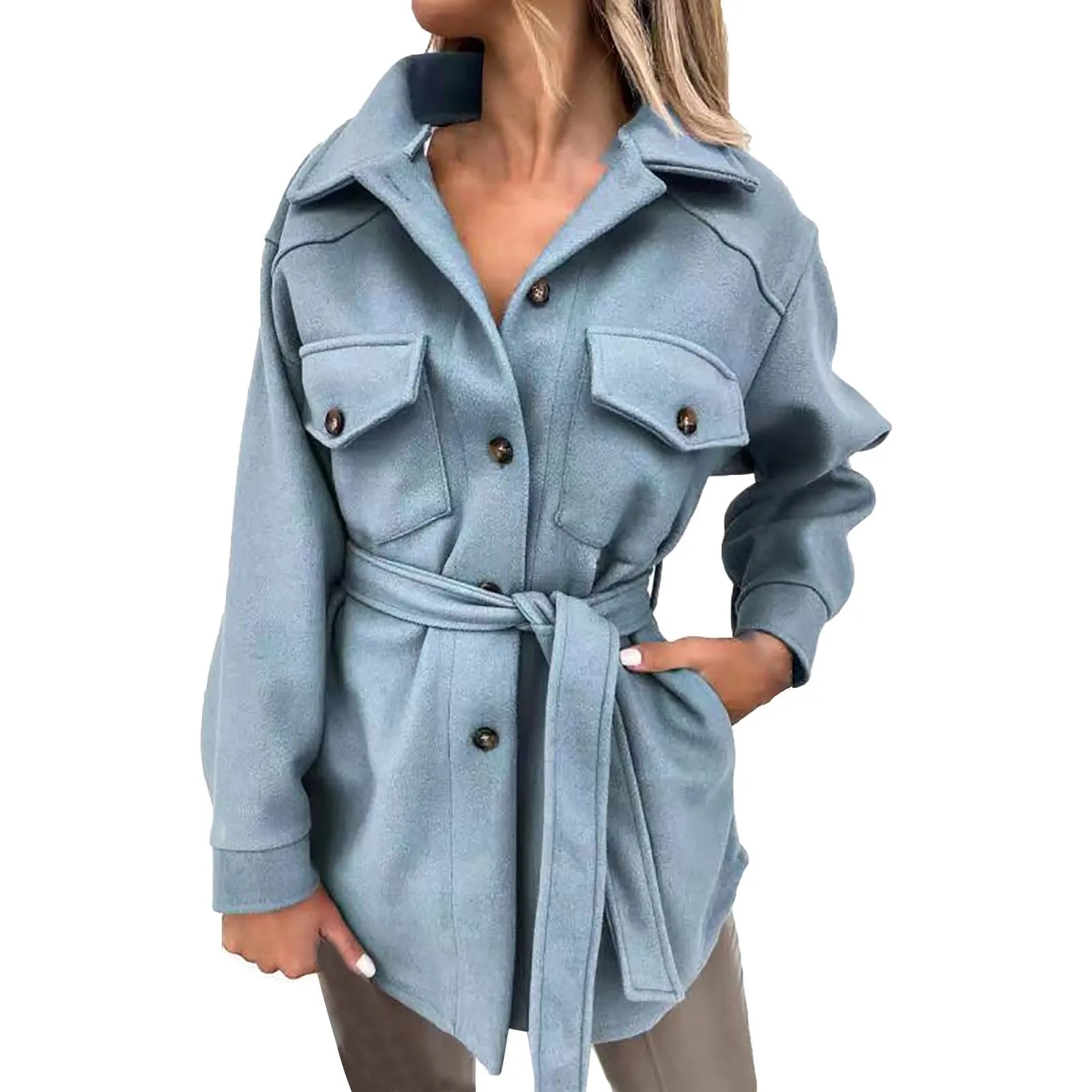 Veste femme mélange de laine Trench-Coat solide pour femme avec veste à col à revers et ceinture à la taille pardessus en laine vêtements d'extérieur pour femmes L5 230923
