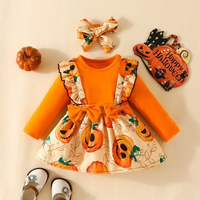 Conjuntos de ropa Halloween 02Y Baby Girls 3 piezas Trajes Mameluco de manga larga con falda de tirantes Conjunto de diadema Ropa nacida 230923