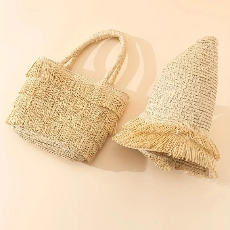 Hats Children's Two-piece Straw Hat Personalized Mustache Bucket Hat/Personalized Raw Edge Bag Summer