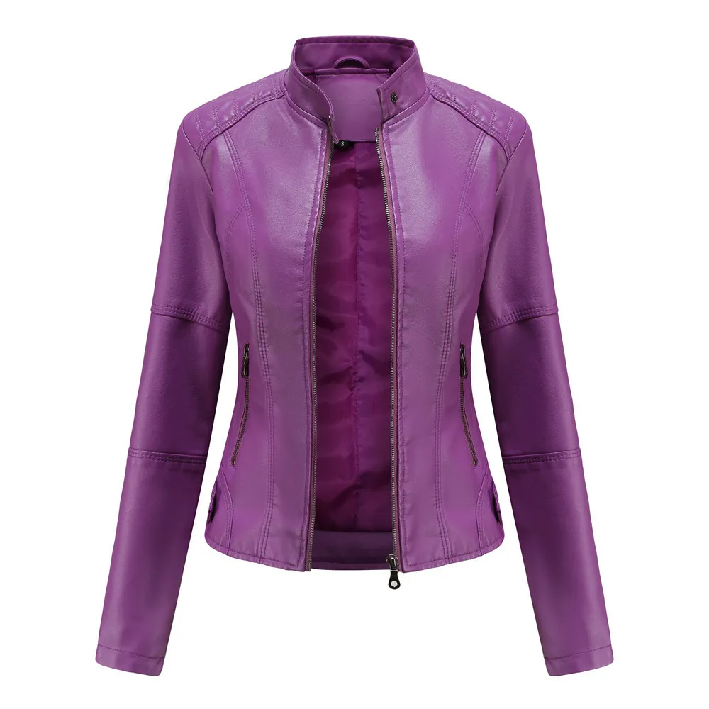 Veste en cuir et fausse fourrure pour femme, manteau en PU noir, col montant, pour motard, printemps-automne, 2023, 230923