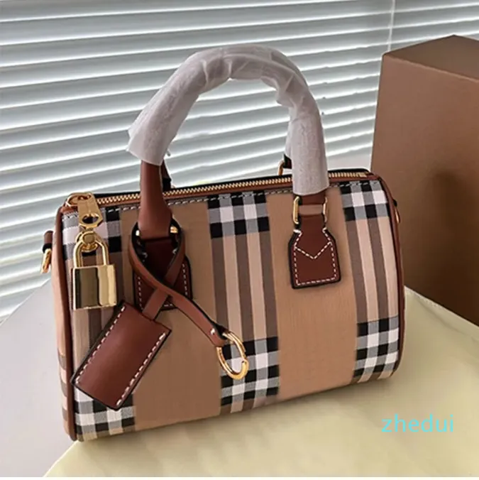 Mini canvas draagtas Geruite bowlingtas Olijfgroen Boston Kussentas Berkenbruine handtas Portemonnee met handvat Dames Crossbody schoudertassen Leren bagagelabel bakken