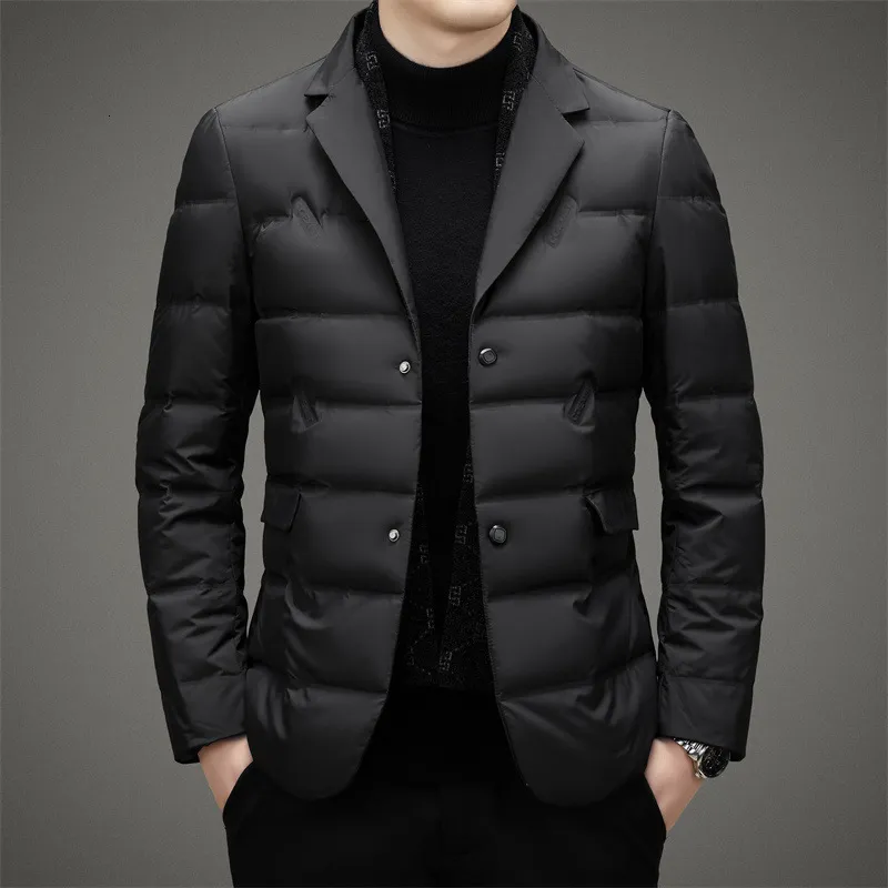 Men s Down Parka Jacket Winter Casual Black Gray Warm Business Blazer Double Button Fashion Scarf Collar 2024