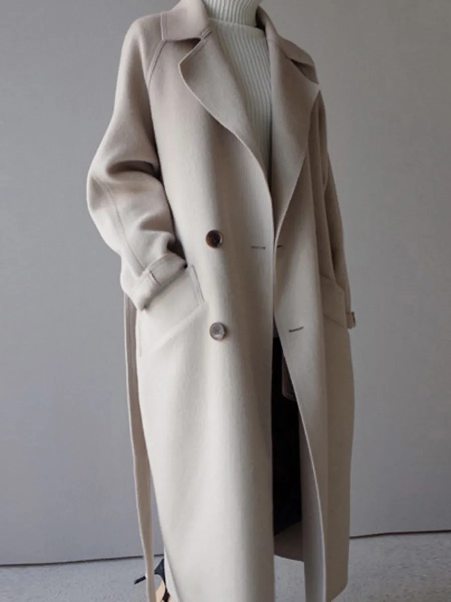 Cappotto invernale da donna in misto lana Cappotto da donna con risvolto largo Cintura tascabile Misto trench lungo oversize 230923