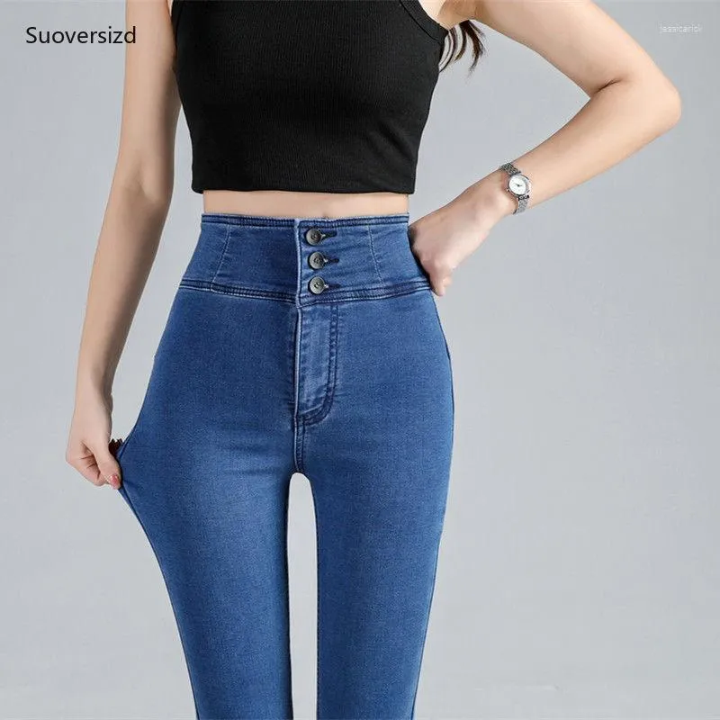 Women's Jeans Korean Streetwear Skinny Plus Size 26-32 Legging Denim Trousers Women Vintage Classic Elegant High Waist Button Ladies