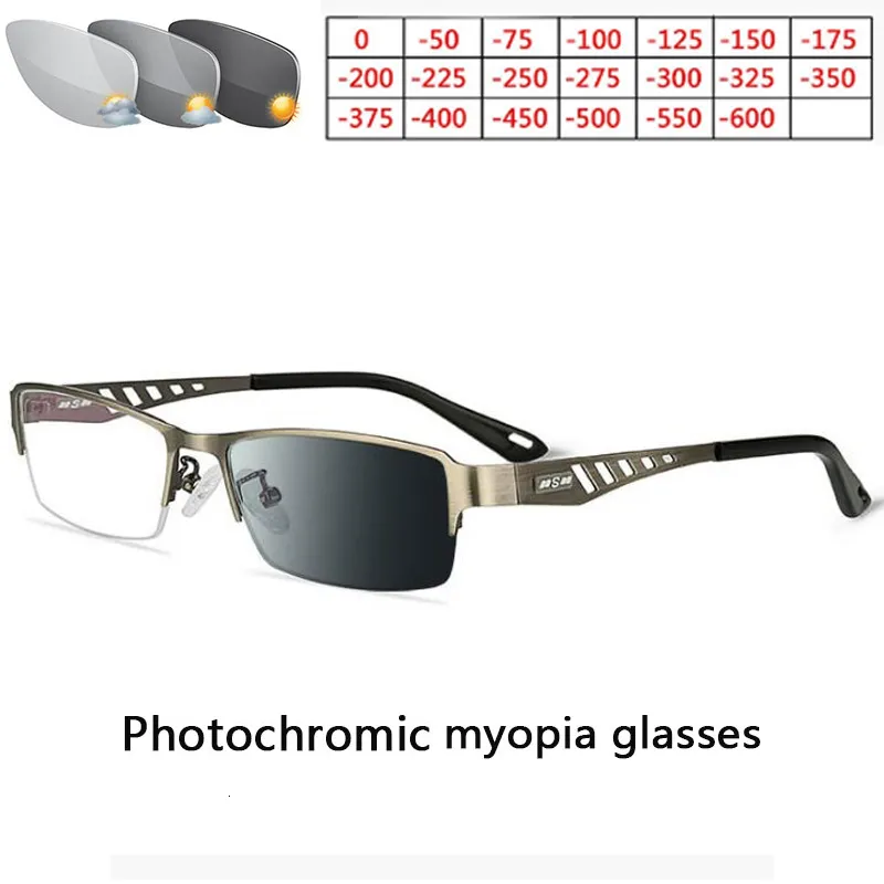 Modne okulary przeciwsłoneczne Ramki 0 -0,50 -0,75 -175 -5,5 -6 metalowa rama Pochromic Sunglasses Chameleon soczewki szklanki szklanki Kobiety Krótkie okulary 230923