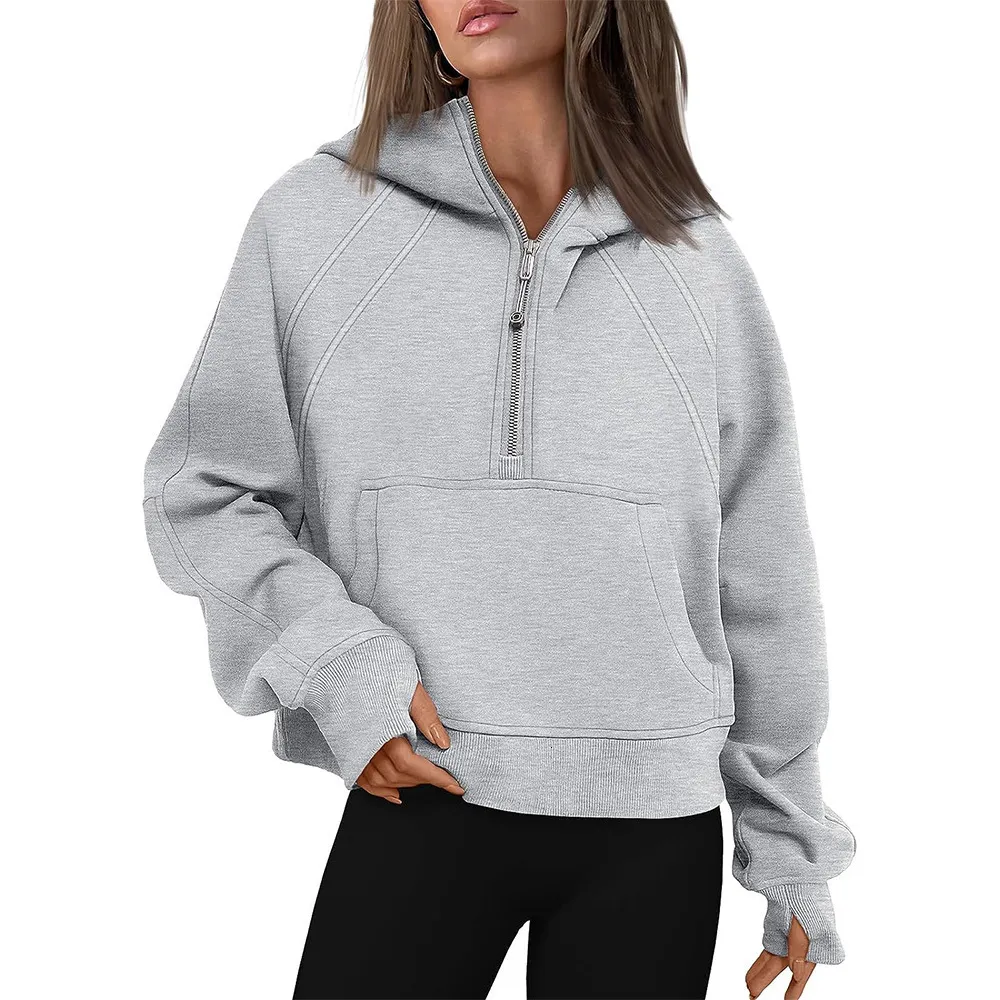 Damen-Kapuzenpullover, Sweatshirt, halber Reißverschluss, abgeschnitten, langärmelig, Fleece, Viertelpullover, Herbst-Outfits, Kleidung 230923