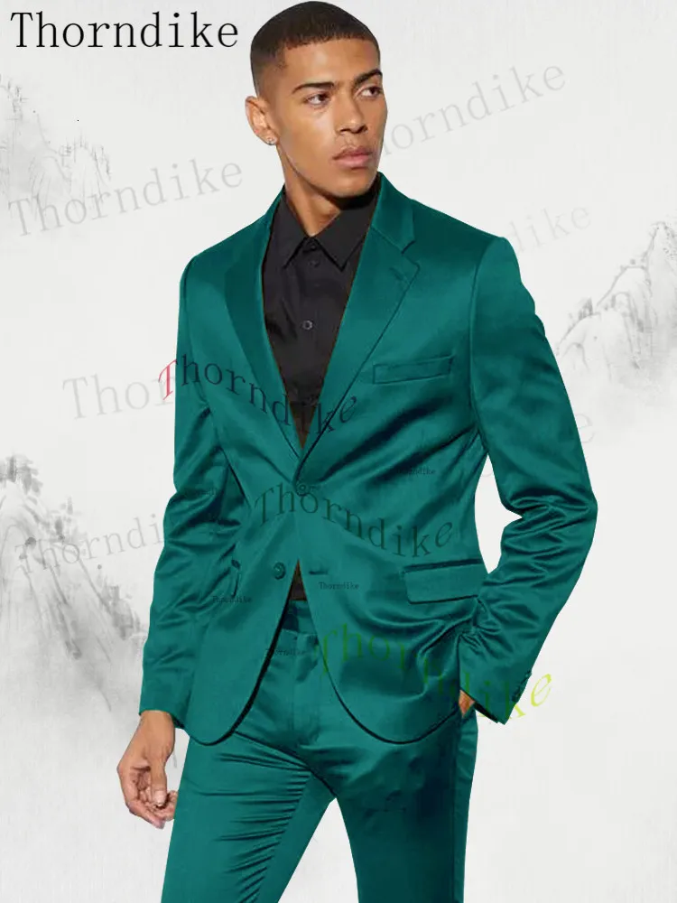 Costumes pour hommes Blazers Thorndike Turquoise Satin Notch Revers Hommes Costume Homme Mariage Tuxedo Terno Masculino Slim Fit Groom Prom Party 2 pcs 230923