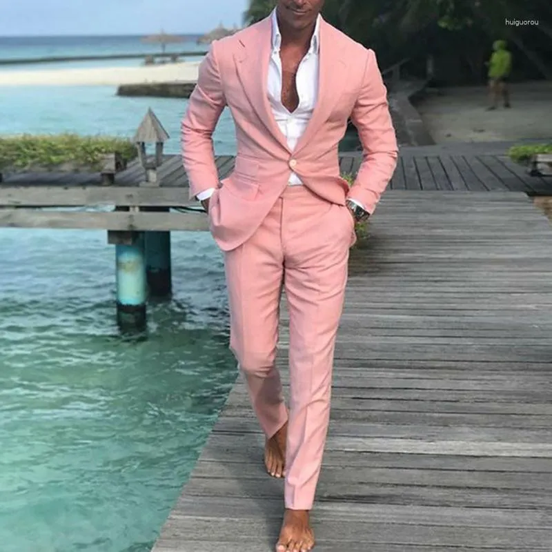 Herrenanzüge Neueste Strandhochzeit für Männer Slim Fit Rosa Kleider Anzug Trauzeugen Mann Party Smoking 2 Stück Kostüm Homme