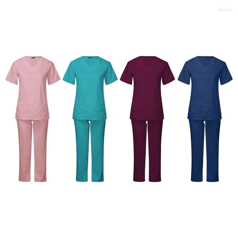 Women's Two Piece Pants Scrubs Set For Women Uniform Suit Short Sleeve Top & Pant With Pocket Workwears