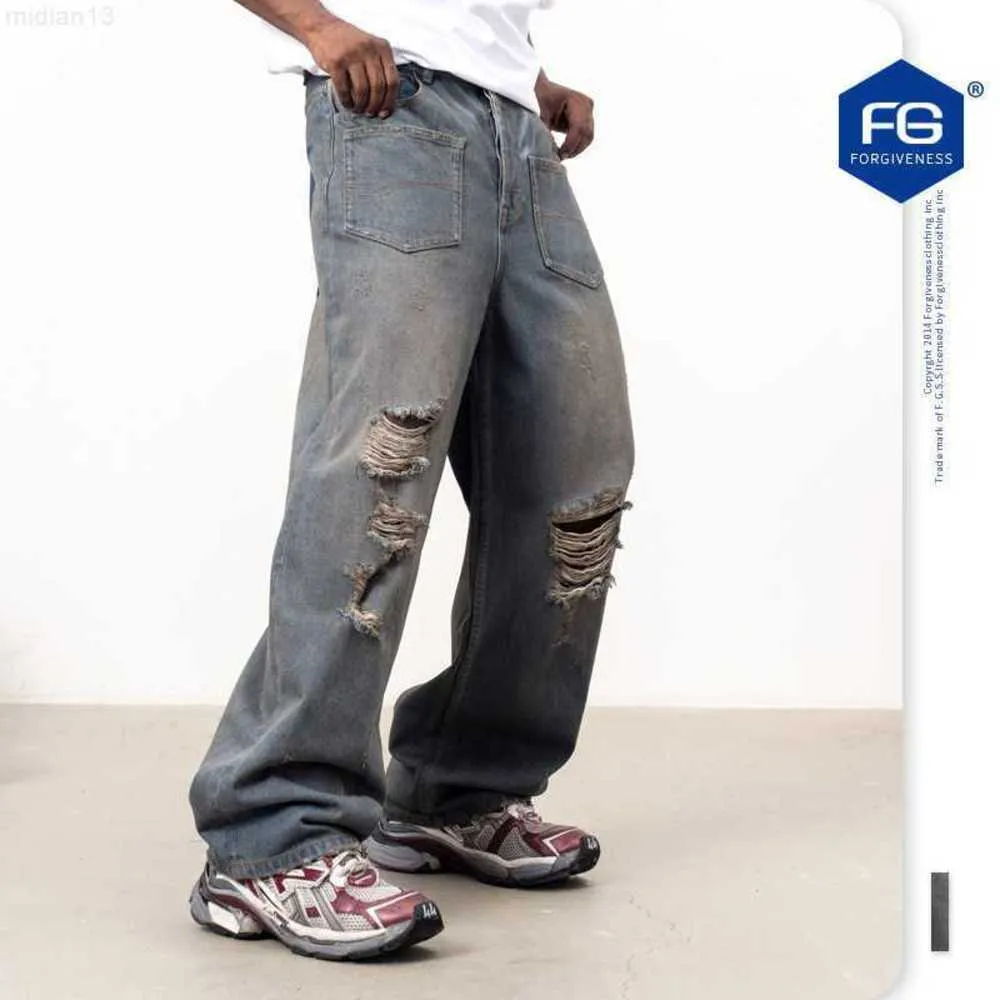 メンズジーンズFGSS摩耗| 2023秋/冬の新しいファッションブランドリバースポケットマッド染色ナイフカットオールドストリートカップルJeans4ifl