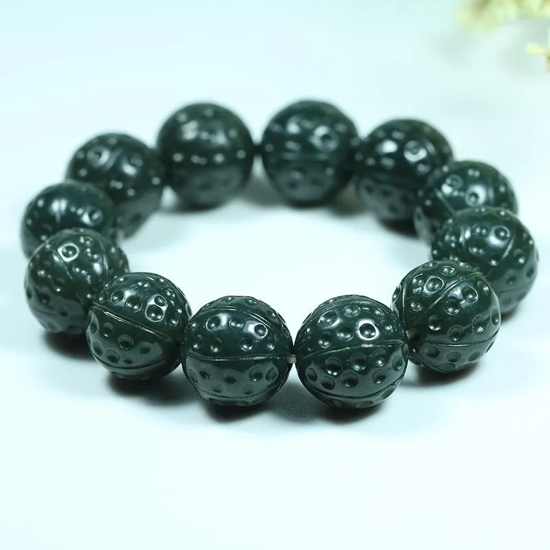 Strand Genuine Hetian Green Jade Bracelet Men Women Natural Jades Stone Round Beads Elastic Beaded Bangle Lucky Amulet Bracelets Gifts