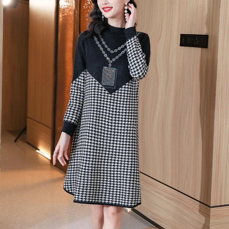 2023 Contrast Plus Slim Neck O Women Long Frocks Autumn Color Vacation Plaid Dress Sweaters Midi $26.53 Dresses Songbaimu268, Sleeve From Jumper Winter Knitted 2023 Designer Size Lady Office