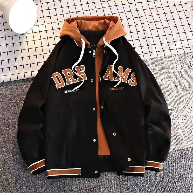 Herrenjacken American Hiphop Baseball-Anzug Fake Twopiece Fashion Vielseitiges Kapuzen-Sweatshirt Gleicher Samt-Thermomantel für Männer und Frauen 230923