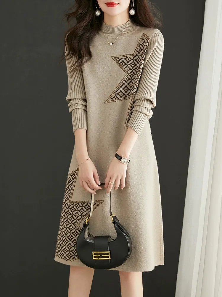 Autumn Winter Elegant Khaki Sweaters Dresses Office Lady Soft Warm Graphic Sticked Jumper Dress 2023 Women Designer Långärmad O-Neck Slim Vacation Chic Midi Frocks