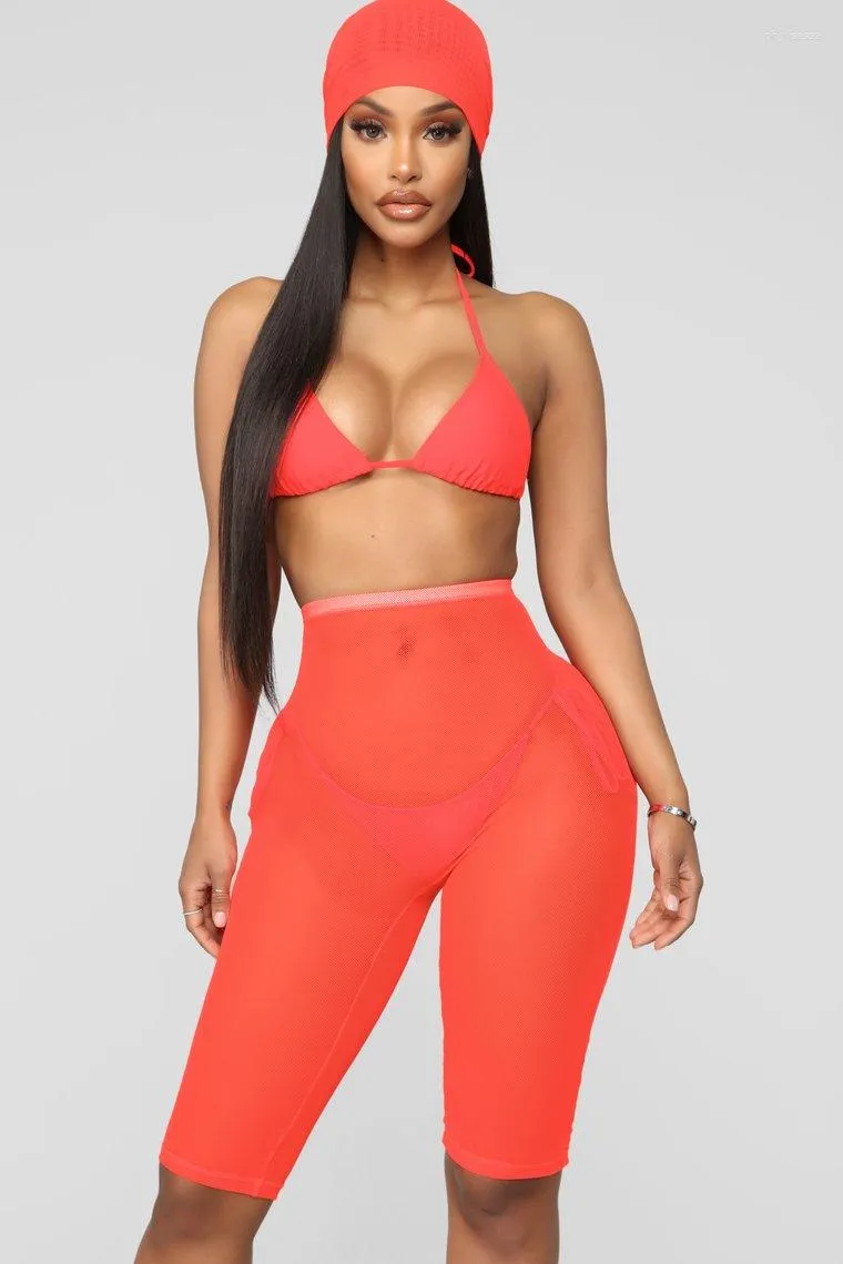 Survêtements pour femmes 3 pièces Ensemble Femmes Summer Beach Holiday Wear 2023 Sheer Mesh Sexy Bandage Camis rembourré et pantalon de perspective transparent