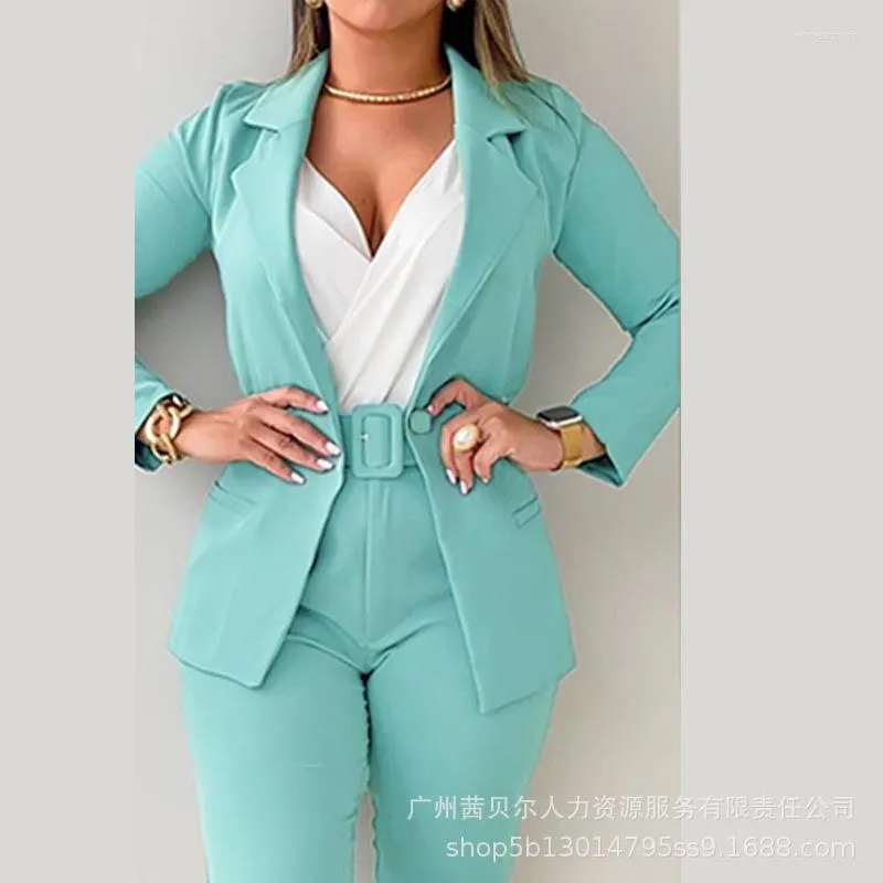 Zweiteilige Damen-Hosen-Set, elegante Outfits, Büro-Damenanzug, Y2K-INS-Kleidung, Umlegekragen, geknöpfter Blazer, Mantel mit Gürtel