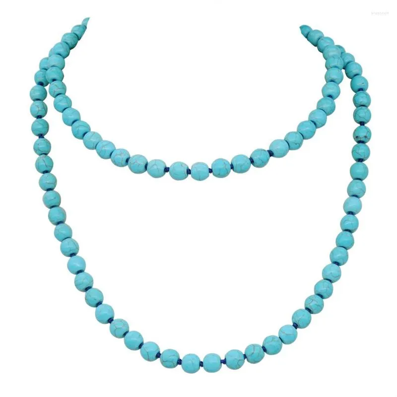 Chaînes 8 mm Naturel Turquoises Pierre Perles Long Collier Lady Collier Déclaration Colliers Pour Femmes Chandail Chaîne Mode Boho Bijoux