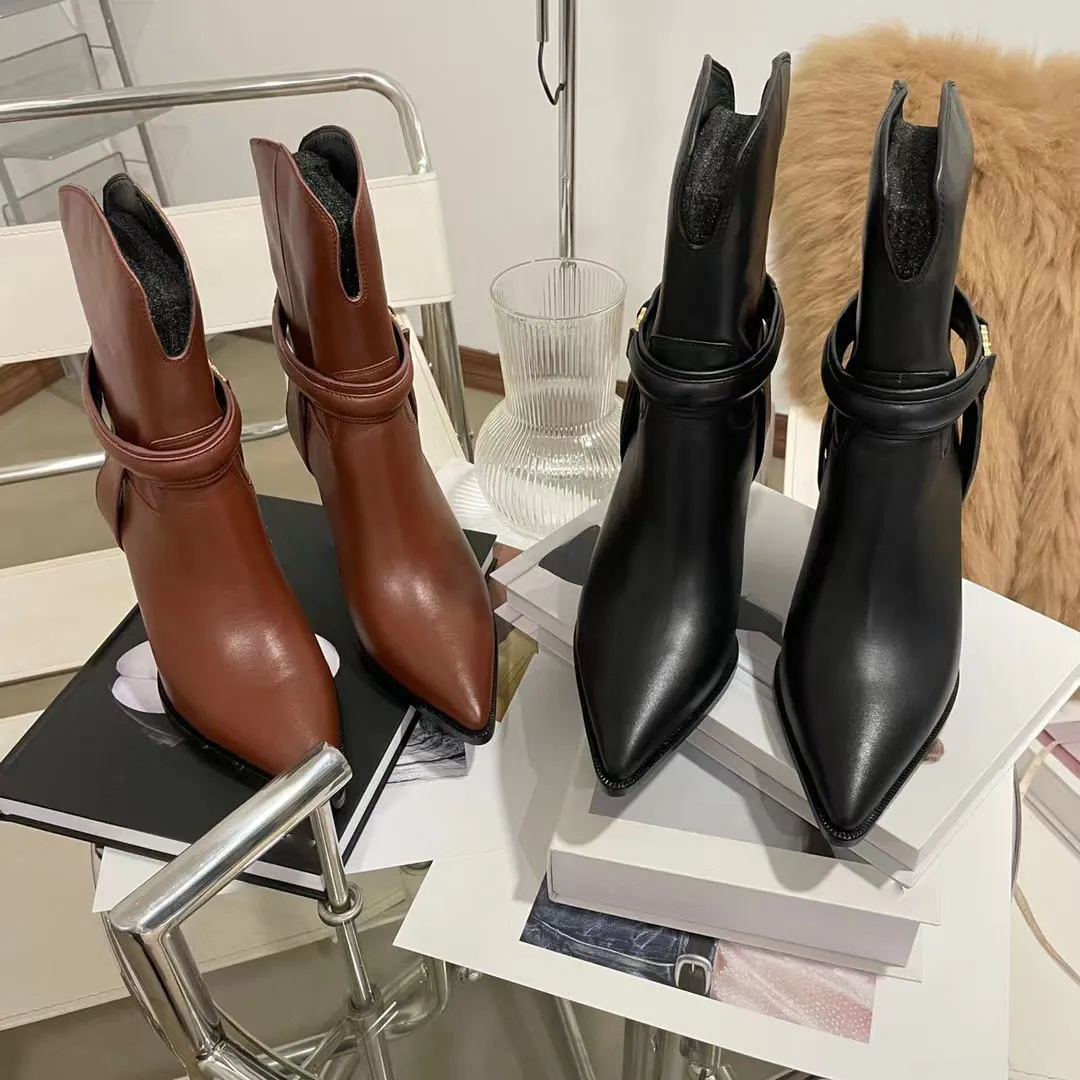 2023 Autumn and Winter Show New Motorcycle Short Boots Hardware Buckle Design Short Boots Pointed Thin High Heels