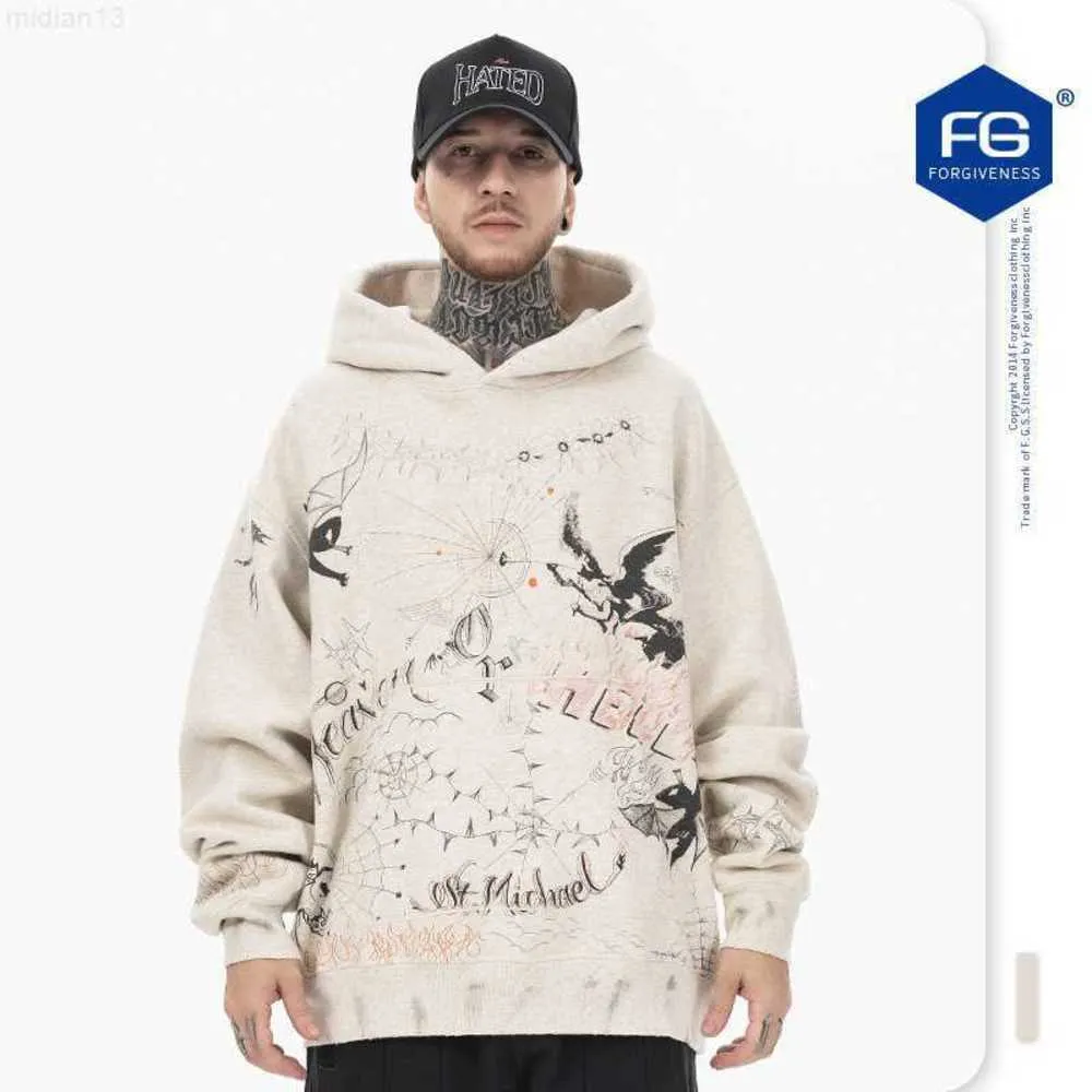 Sweats à capuche pour hommes Sweatshirts FG Hommes 2023 Automne et hiver Nouvelle marque de mode Style américain Graffiti Angel Devil Wash Water Old Sweat à capuche Sweater8l9n