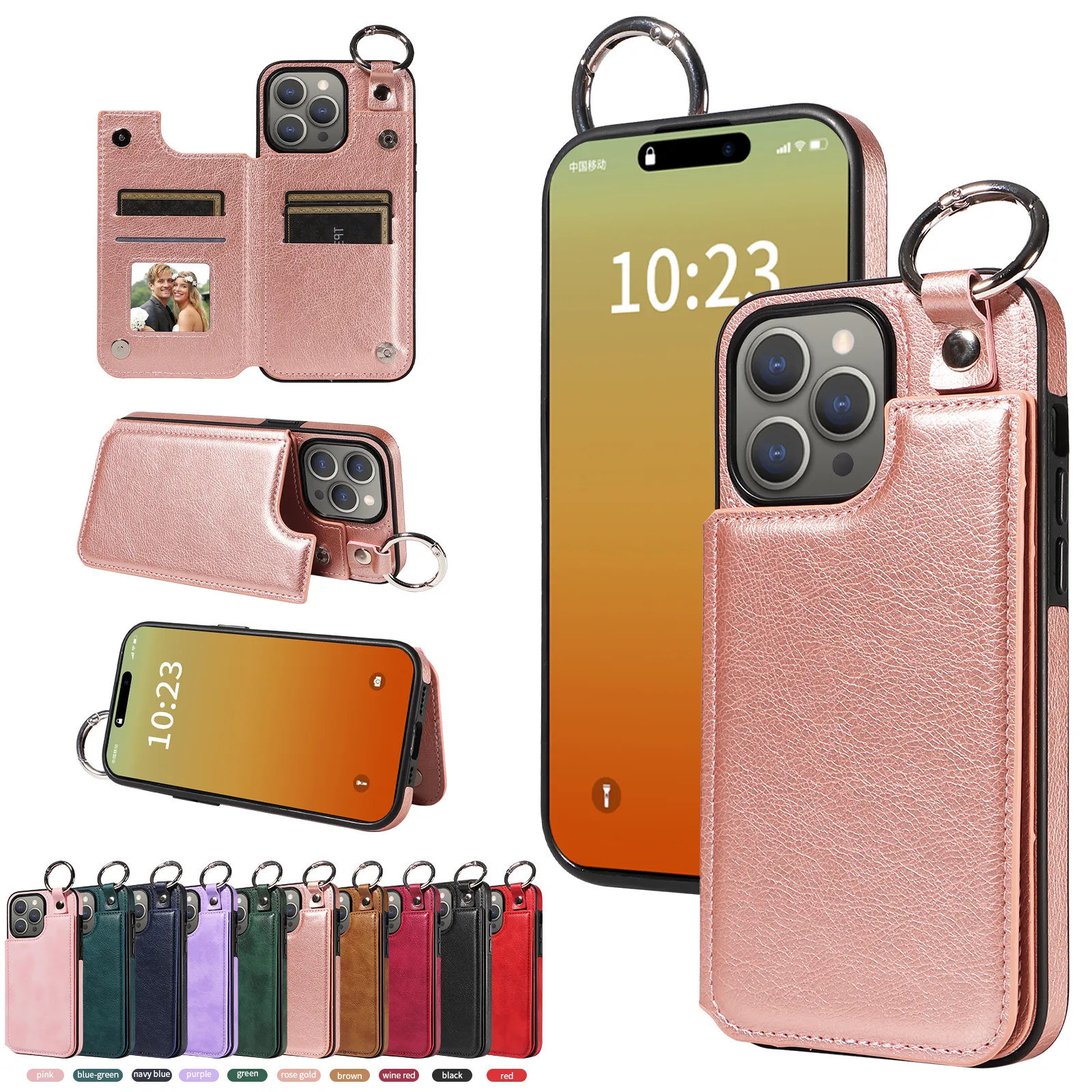 Étui portefeuille antichoc en cuir avec porte-cartes, pour iPhone 15 Pro Max 14 13 12 11 XS XR X 7 8 Plus, avec boucle d'anneau, support rabattable