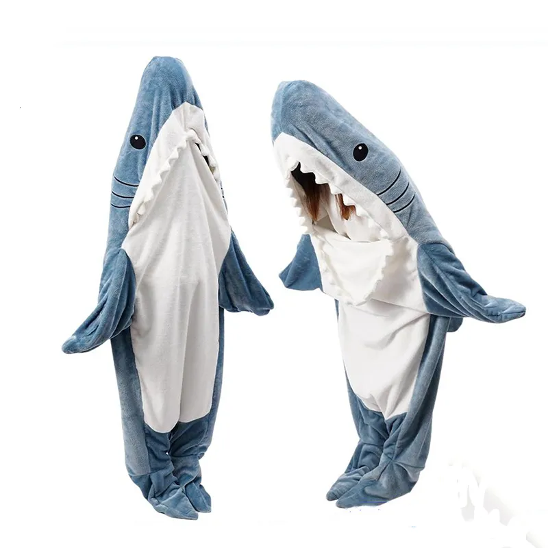 Filtar haj sovsäck mjuk mysig huva djur filtar bärbar haj filt hoodie för män kvinnor bärbart kontor sjal filt 230923