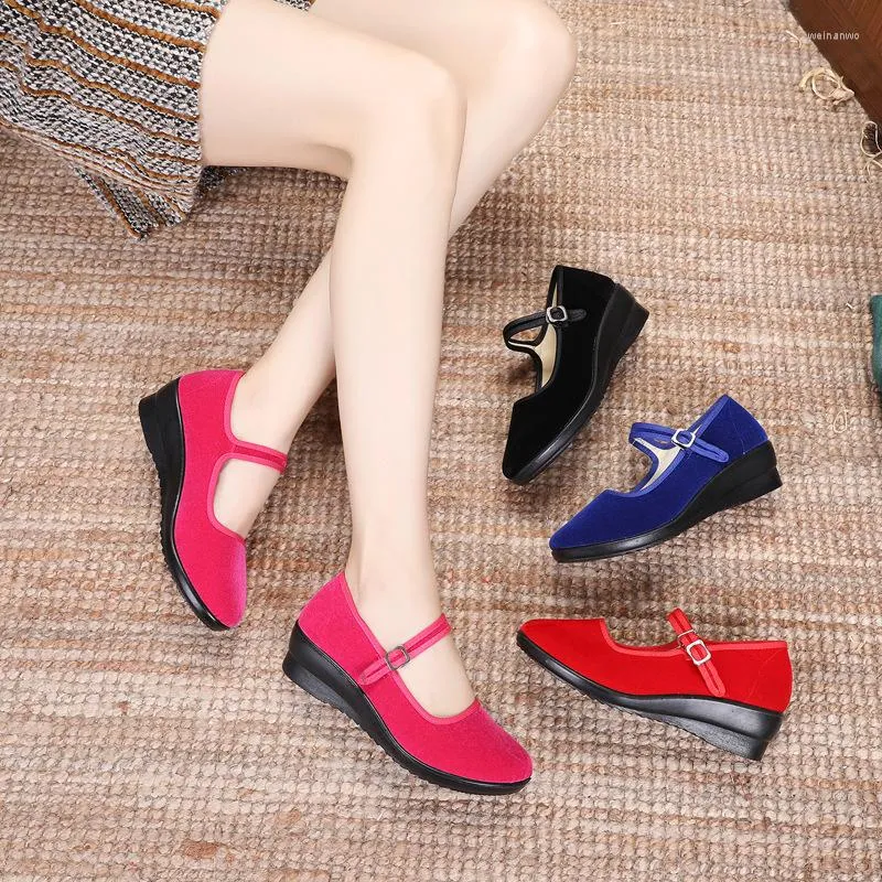 Dress Shoes Women Wedges Pumps Black Cloth Dance Lady Casual Comfortable Ballet Cool Middle Heel Solid Mom's