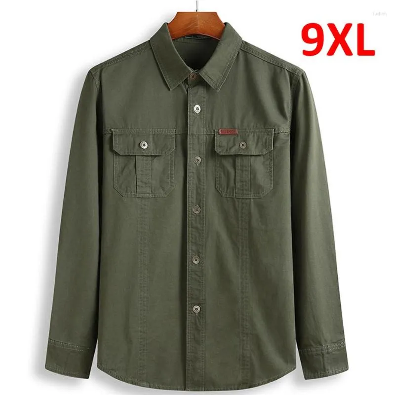 Camicie casual da uomo Taglie forti 8XL 10XL Camicia da uomo a maniche lunghe Primavera Autunno Camicetta militare Giacca da esterno in cotone grande Verde