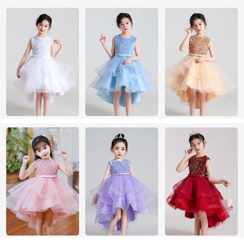 Girl Dresses Summer White Red Blue Lilac Kids Junior Princess Flower Girls Asymmetrical Sequined Dress Birthday Wedding Party Tulle Gown