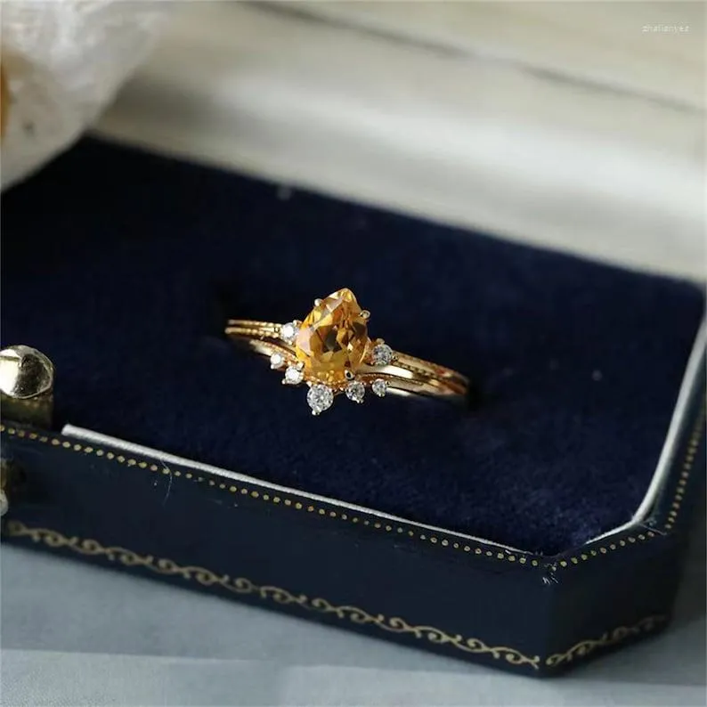 Cluster Rings S925 Sterling Silver 18K Gold Drop Shape Yellow Diamond Ring 2 Piece Cubic Zirconia Vintage Delicate