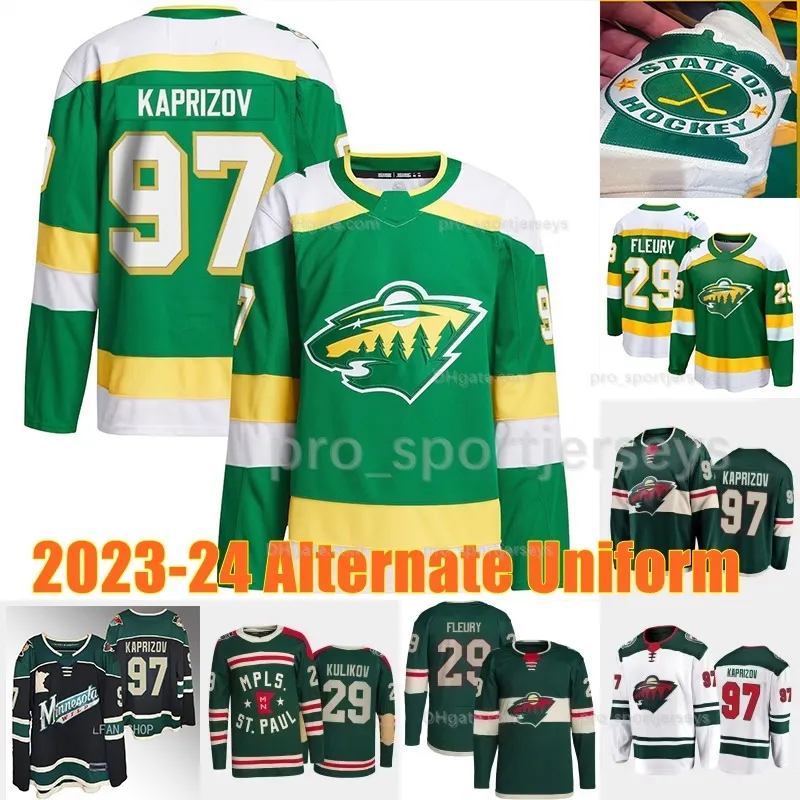 Minnesota 2023-24 Maillot d'échappée alternatif vert Kirill Kaprizov 29 Marc-Andre Fleury Wild Ryan O'Reilly Joel Eriksson Ek Mats Zuccarello Alex Goligoski Matt Boldy