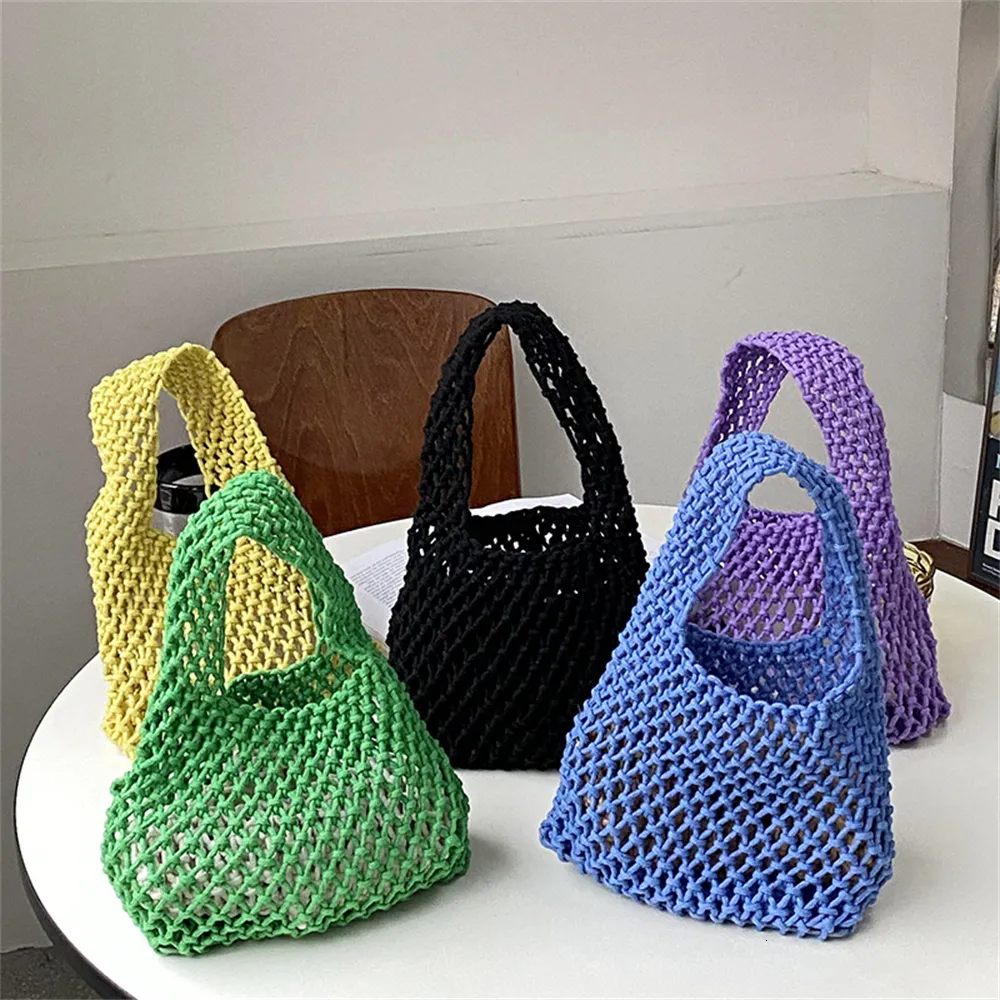 Shopping Bags Straw Plaited Knitted Handbag Women Hollow Out Tote Bag Fashion Crochet PU Bottom Wrist Female Purses Bucket 230923