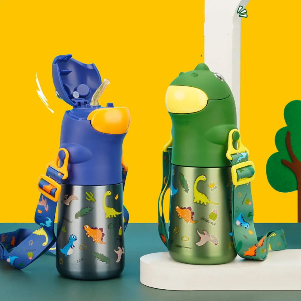 Waterflessen 470 ml Cartoon Dinosaurus kinderen geïsoleerde vacuüm 316 roestvrijstalen thermosfles met rietje voor kinderen naar school thermisch 230923